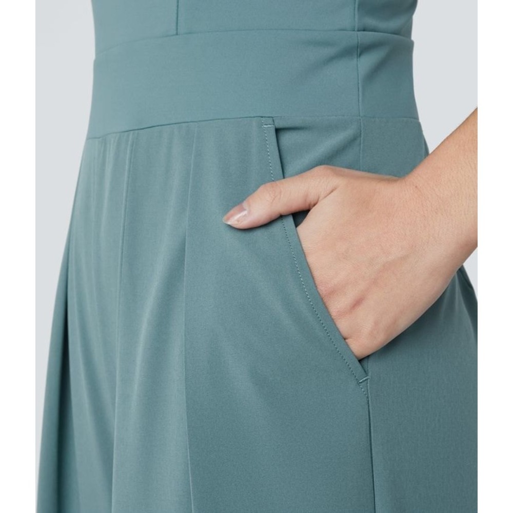Halara Breeze Jumpsuit Size L Teal Blue Wide Leg Pockets Cross Back‎ Sleeveless - Picture 4 of 11